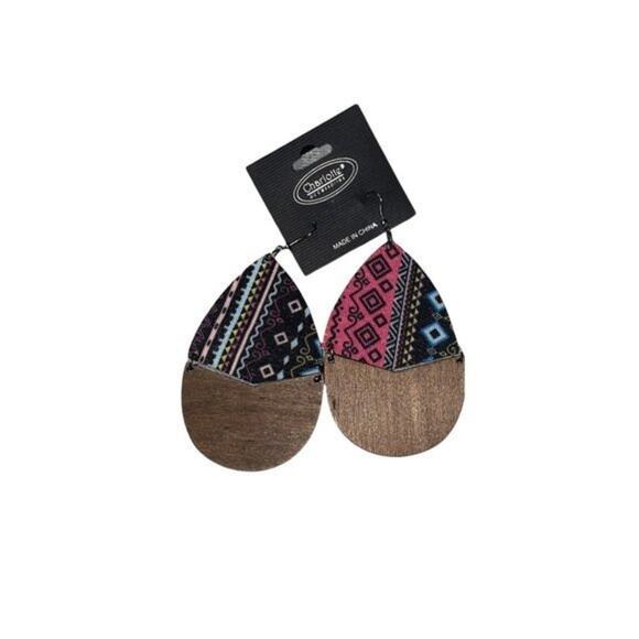 NWT Wooden Fabric Covered Boho Aztec Dangle Earrings Pink Black Blue - Picture 1 of 5